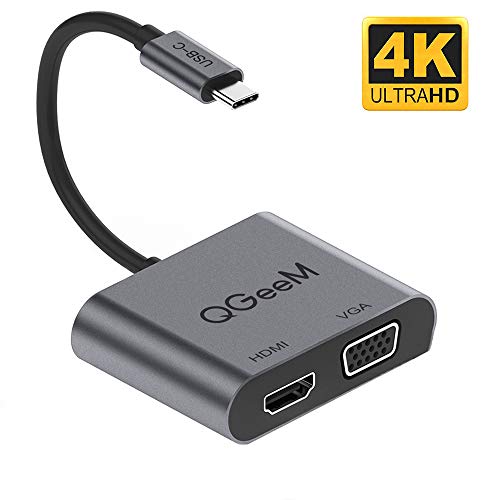 Product Cover USB C to HDMI VGA Adapter, QGeeM 2-in-1 Type C to VGA HDMI Adapter (Thunderbolt 3 Compatible) for MacBook Pro, iMac 2017, Chromebook Pixel, Galaxy S8/S8Plus and More