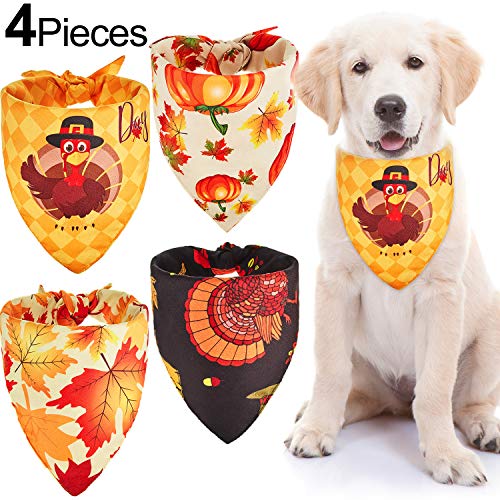 Product Cover 4 Pieces Thanksgiving Dog Bandanas Fall Pumpkin Pet Scarf Triangle Autumn Pet Bandanas Washable Maple Leaf Dog Bibs for Thanksgiving Pet Costume