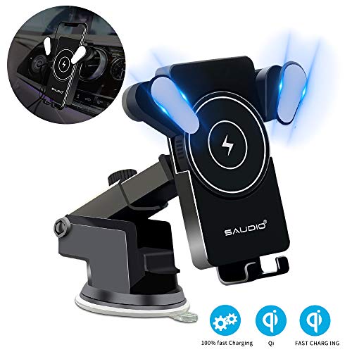 Product Cover QI Car Charger Wireless Mount, SAUDIO Adjustable Clamping Car Wireless Charger 10W 7.5W Qi Fast Charging Car Phone Holder Air Vent Compatible with iPhone 11 Pro Max Xs X XR 8+, Samsung S10 S10+ S9 S9+