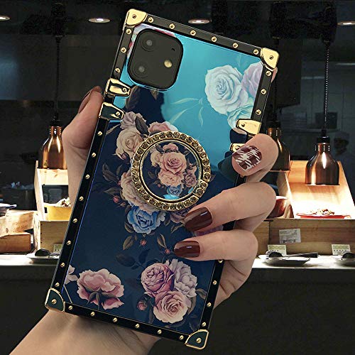 Product Cover iPhone 11 Square Case with Ring Stand Holder Floral Flower Luxury Elegant Soft TPU Shockproof Protective Metal Decoration Corner Back Phone Case Women Girls Lady for Apple iPhone 11 6.1 inch 2019