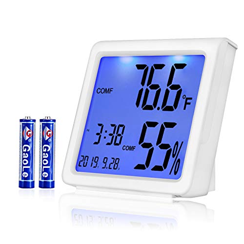 Product Cover AE Life Indoor Thermometer Hygrometer, Temperature Humidity Gauge with Digital Mini Desk Clock, Backlit Accurate Monitor Clear Reading, °C/°F Switch, Calendar, Time Display for Home, Office - White