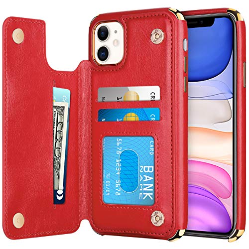 Product Cover HianDier Wallet Case for iPhone 11 Card Holder Case Double Magnetic Clasp Flip Cover Soft PU Leather Kickstand Dual Layer Shockproof Wallet Case for 2019 Release 6.1 Inch iPhone 11 iPhone XI, Red