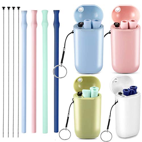 Product Cover Reusable Silicone Collapsible Straws - 4 Pack Portable Drinking Straw with Carrying Case and Cleaning Brush, BPA Free - Blue & PINK (Blue&Pink&Green&Dark Blue)