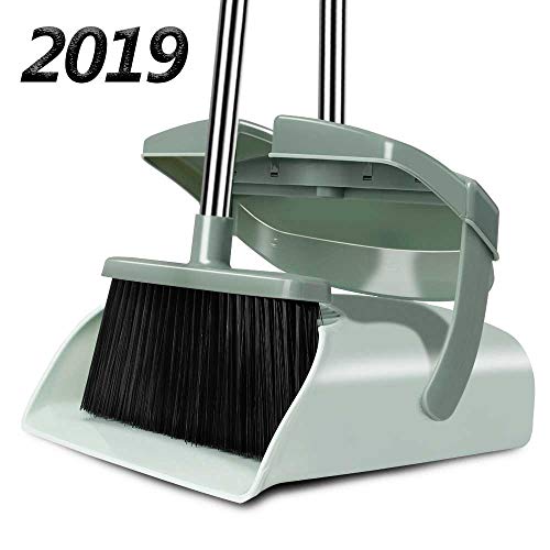 Product Cover Chouqing Broom and Dustpan Set with Lid, Super Long Handle Stainless Steel & Light Weight Lobby Broom, Upright Dust Pan with Teeth, Ideal for Dog Cat Pets Home Kitchen Office Use (Jade Green)