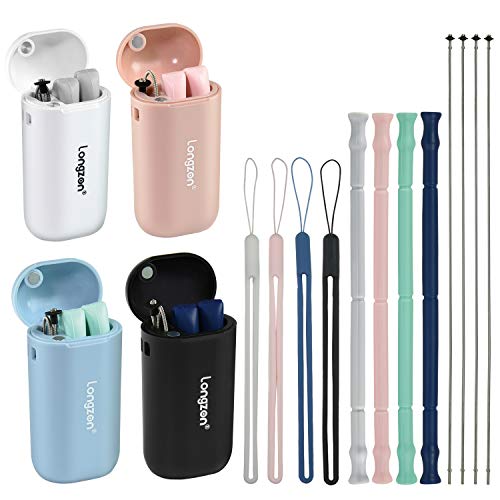 Product Cover [4Pack] Longzon Reusable Collapsible Silicone Straws with Case, Foldable Portable Drinking Straws with New Trendy Case and Cleaning Brushes, BPA free, FDA Certified - (Black+ White+Pink+Blue)