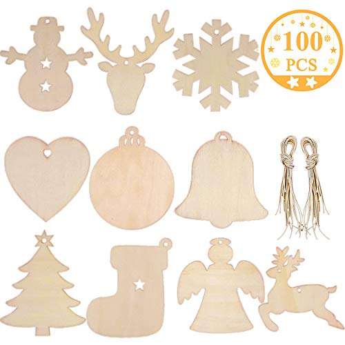 Product Cover Jolik 100 Pieces Wooden Ornament Unfinished Christmas Wooden Ornaments Hanging Crafts for DIY Christmas Hanging Decoration, 10 Shapes