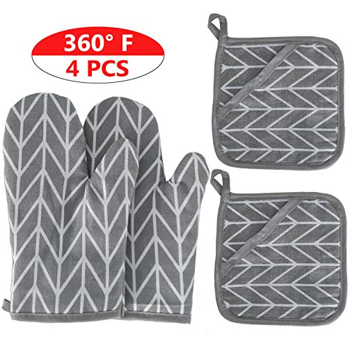 Product Cover 2 Oven Mitts and 2 Pot Holders Set, Soft Cotton Lining with Non-Slip Surface, Heat Resistant Kitchen Microwave Gloves for Baking Cooking Grilling BBQ (Grey)