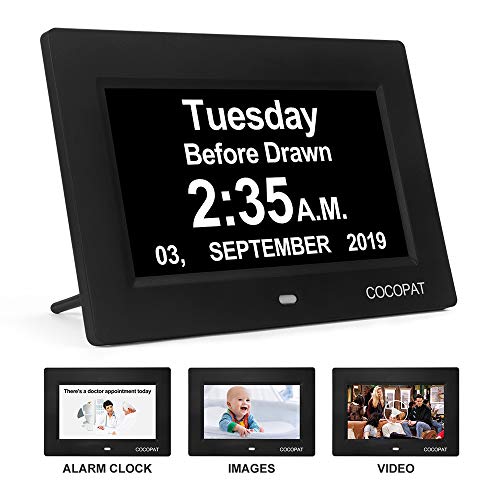 Product Cover Dementia Digital Day week Clock - 19 Alarms Am/Pm Clock with USB Charger Port, SD Card Support Play Picture, Video, Large Display for Seniors，Perfect of Memory Loss Calendar