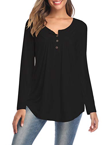 Product Cover YOUNG-X Womens Pleated Tops V Neck Printed Long Sleeve Henley T-Shirts Swing Plus Size Blouses Tunic