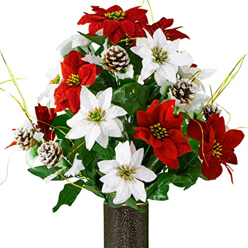 Product Cover Sympathy Silks Artificial Cemetery Flowers - Realistic Vibrant Roses, Outdoor Grave Decorations - Non-Bleed Colors, and Easy Fit -Red & WhitePoinsettias with Gold Bouquet