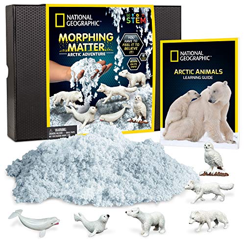 Product Cover NATIONAL GEOGRAPHIC Arctic Morphing Matter - Play Set Comes with 3 Cups of Morphing Matter, 6 Arctic Animal Figures, Great Kinetic Sensory Activity for Boys & Girls