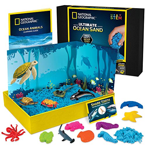 Product Cover NATIONAL GEOGRAPHIC Ocean Play Sand - 2 Pounds of Play Sand, 6 Molds, 6 Ocean Animal Figures, Activity Tray, A Kinetic Sensory Sand Activity Kit for Boys and Girls