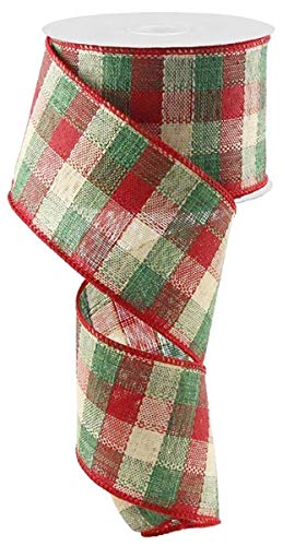 Product Cover Wired Ribbon Large Multi Check Red, Emerald Green, Cream 2.5 Inches x 10 Yards for Wreaths, Floral Arrangements, Gift Wrapping, Crafting