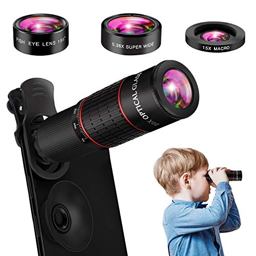Product Cover Phone Camera Lens, 10 in 1 Cell Phone Lens Kit 20X Zoom Telephoto Lens, 15X Macro Lens, 0.36X Super Wide Angle Lens, 195°Fisheye Lens Compatible with iPhone 11 Pro Max XS Max XR X 8 Samsung Android