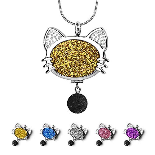 Product Cover Aromatherapy Essential Oil Diffuser Necklace - GoorDik Cute Cat Locket Pendant Stainless Steel Perfume Necklace Women Gift Set