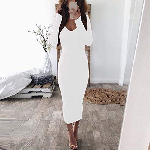 Product Cover neudas Womens Slim Bodycon Dress Long Sleeve V-Neck Ribbed Knit Mid Dresses Dresses