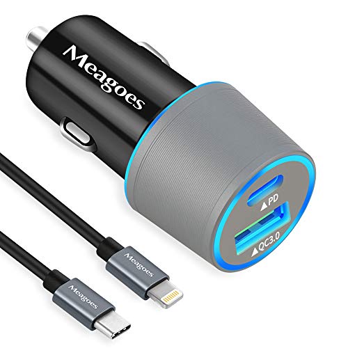 Product Cover Meagoes Fast USB C Car Charger, Compatible for iPhone 11 Pro Max/11 Pro/11/XS Max/XS/XR/X/8 Plus/8, iPad Air/Mini, 18W Rapid PD Car Adapter with Apple MFi Certified 3.3ft USB C to Lightning Cable Cord