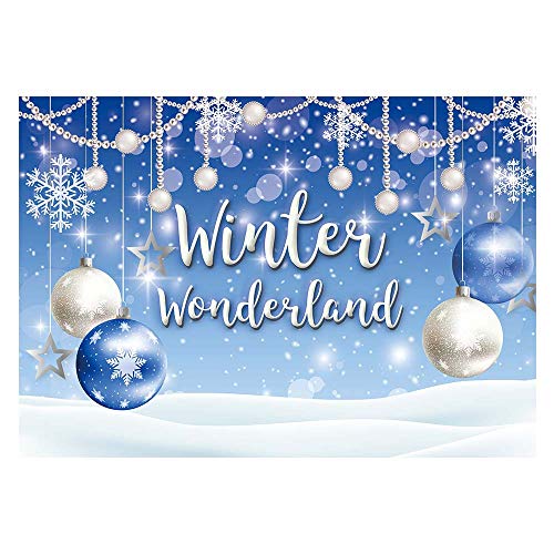 Product Cover Funnytree 7x5ft Winter Wonderland Theme Backdrop for Blue Boy Baby Shower Birthday Party Christmas Snowflake Snow Landscape Photography Background Bokeh Glitter Pearl Banner Decoration Photo Booth