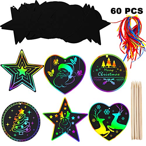 Product Cover Mudder 60 Pieces Christmas Scratch Ornaments Paper Round Star Heart Rainbow Art Magic Colorful Scratch Off with 60 Pieces Ribbons and 10 Pieces Wooden Styluses for Xmas DIY Decorations for Kids Gift
