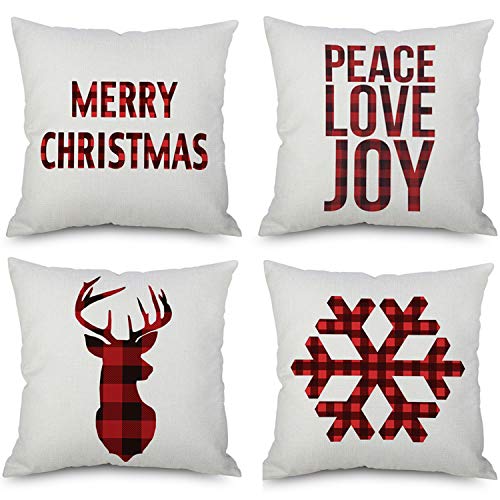 Product Cover Kaitse Christmas Pillow Covers 4 Pack, Merry Christmas and Deer, Snowflake, Joy Peace Love Decorations, Cotton Linen Winter Pillow Covers New Year Decor Throw Cushion Case 18