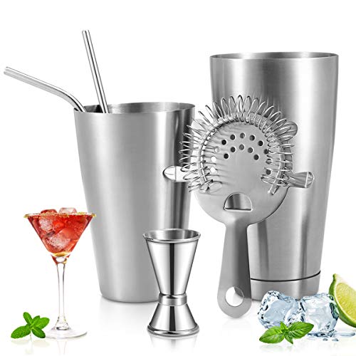 Product Cover Cocktail Shaker and Strainer Boston Bartender Bar Drink Shaker Set with Double-Sided Jigger Hawthorne Strainer Tube