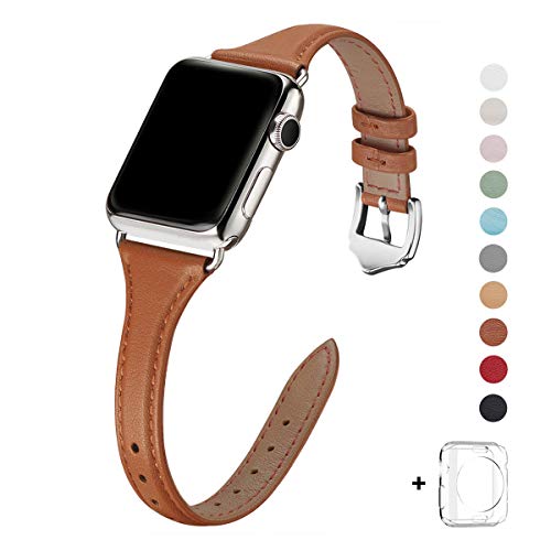 Product Cover WFEAGL Leather Bands Compatible with Apple Watch 38mm 40mm 42mm 44mm, Top Grain Leather Band Slim & Thin Wristband for iWatch Series 5 & Series 4/3/2/1 (Brown Band+Silver Adapter, 38mm 40mm)