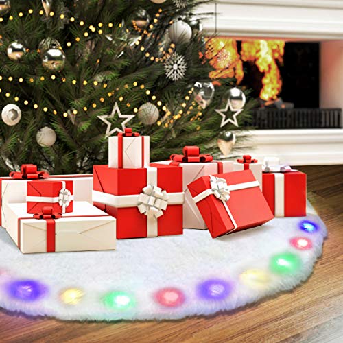 Product Cover NASUM Christmas Tree Skirt White 48 Inches Christmas Skirt for Tree with LED Light Plush Tree Skirt Christmas Light Decoration Luxury Faux Fur Round Skirts Made of Thick Xmas Holiday White