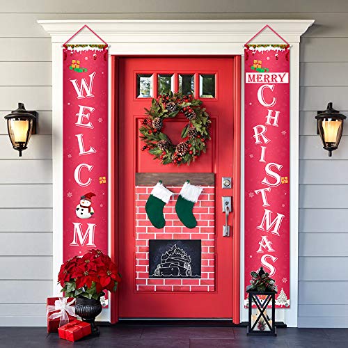 Product Cover Hokic Christmas Decorations Welcome Merry Christmas Banner Outdoor Indoor Christmas Porch Sign Hanging Xmas Banner for Christmas New Year Decor Home Door Window Fireplace Décor