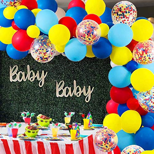 Product Cover Carnival Circus Balloon Arch and Garland Kit - 105 Pack Red Blue Yellow Round Latex Balloons and Rainbow Multicolor Pre-Filled Confetti Balloon for Carnival Baby Shower Wedding Birthday Graduation Anniversary Bachelorette Party Background D