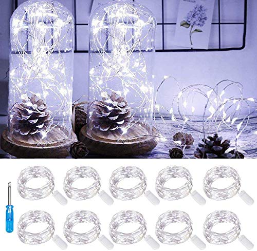 Product Cover LED Fairy Light String 10 Pack Micro 20 LED Battery Operated Silver Wire String Lights Mini Waterproof Firefly Starry Lights Mason Jar Lights for DIY Party Wedding Bedroom Decor (Cool White)