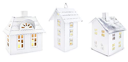 Product Cover AuldHome Farmhouse Decor Tin Houses (Set of 3, White); Candle Lantern Decorative Holiday Christmas Village Display or Votive Holder