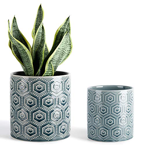 Product Cover Greenaholics Hexagon Pattern Ceramic Planters - 5 + 6 Inch Plant Pots with Drainage Hole, Flower Plant Container for Indoor Outdoor, Set of Two, Blue