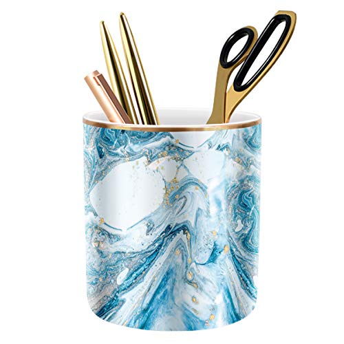 Product Cover WAVEYU Pen Pencil Holder for Desk, Marble Desk Decor Organizer, Durable Ceramic Pencil Cup Holder Marble Design Makeup Cups for Brushes Ideal Gift for Office, Classroom, Blue
