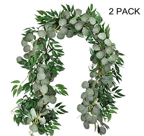Product Cover MiraiLife 6.5 Feet Artificial Eucalyptus Leaves Garland Faux Silver Dollar and Willow Vines Twigs Leaves Garland for Wedding Table Runner Garland Doorways Indoor Outdoor Greenery Garland (2 Pack)