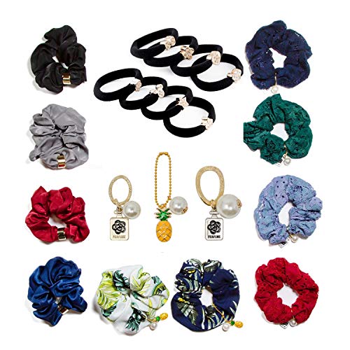 Product Cover YOUR DAUGHTER will LOVE Hair Scrunchies for girls. So many colorful hand made Soft Scrunchies for hair, Cute Scrunchie with gold Charms. Strong Scrunchie Pack, Black hair ties QUALITY not QUANTITY