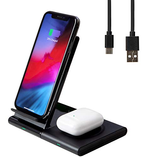 Product Cover Wireless Charger, Fast Qi Wireless Charging Stand, 2-in-1 Wireless Charging Station Dock for iPhone 11 Pro/Max/X/Xs/XR/AirPods2, Samsung Galaxy Note/Watch/ Buds