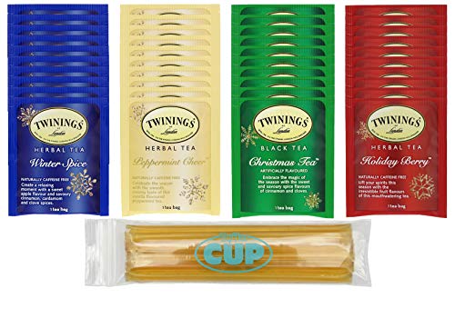 Product Cover Twinings Black & Herbal Seasonal Tea Bag Collection, 4 Winter Flavors 40 Tea Bags Total with By The Cup Honey Sticks