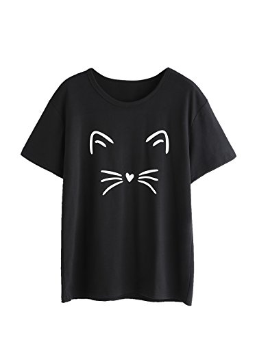 Product Cover MAKEMECHIC Women's Graphic Cat Print Tee Cute Round Neck Short Sleeve T Shirt Tops