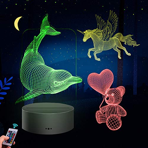 Product Cover Huaker 3D Night Light for Kids, 3D Illusion Lamp Different 3 Pattern and 7 Color Change Decor Lamp with Touch & Remote Control for Best Birthday for Girls Boys (Black)