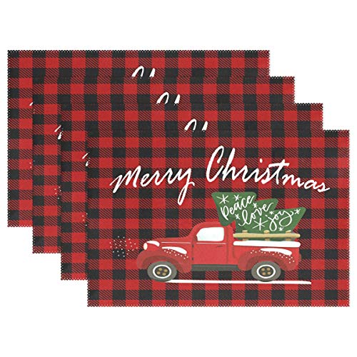Product Cover visesunny Merry Christmas Red Buffalo Plaid Truck Placemat Set of 4 Table Mat Desktop Decoration Placemats Non Slip Stain Heat Resistant 12x18 in for Dining Home Kitchen Indoor