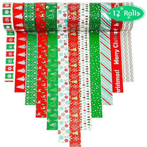 Product Cover 12 Rolls Christmas Washi Tapes 15mm Wide Masking Tape for Scrapbooking DIY Crafts