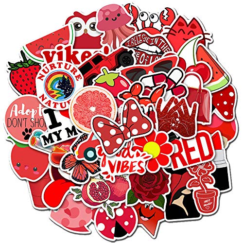 Product Cover Stickers for Water Bottles, 50 Pcs Hydro Flask Sticker Pack, VSCO Vinyl Aesthetic Stickers for Laptop Hydroflasks Skateboard, Waterproof Cool Cute Sticker for Teens Girls Adult, Red