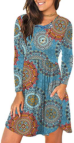 Product Cover Beyove Women's Floral Print Pockets T-Shirt Dress V-Neck Loose Long Sleeve Casual Dresses