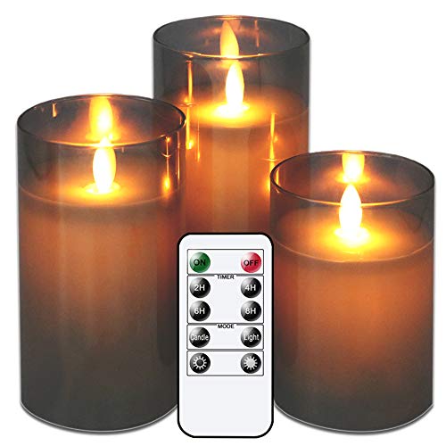Product Cover GenSwin LED Flameless Flickering Battery Operated Candles with 10-Key Remote Control, Real Wax Moving Wick Pillar Glass Candles for Festival Wedding Christmas Home Party Decor(Black, Pack of 3)
