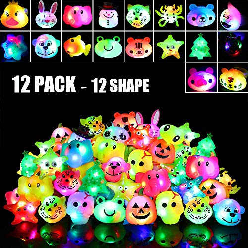 Product Cover Birthday Party Favors for Kids Prizes 12 Pack Flashing LED Jelly Light Up Rings Toys Bulk Boys Girls Gift Blinky Glow in The Dark Party Supplies Christmas Stocking Stuffers, 12 Shape