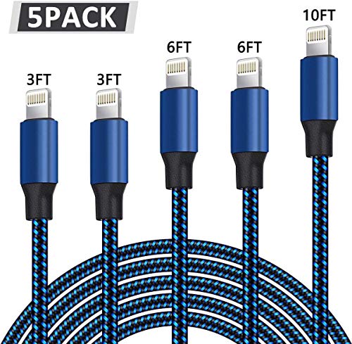 Product Cover WUYA iPhone Charger, MFi Certified Lightning Cable 5 Pack (3/3/6/6/10FT) Nylon Woven with Metal Connector Compatible iPhone Xs Max/X/8/7/Plus/6S/6/SE/5S iPad - Black&Blue
