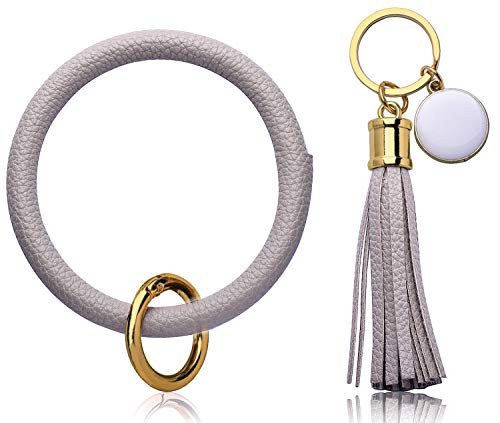 Product Cover Key Chains Ring Bracelet for Women Tassel - Bangle Round Keychain Rings for Girls Large Wristlet for Car Keys - Grey