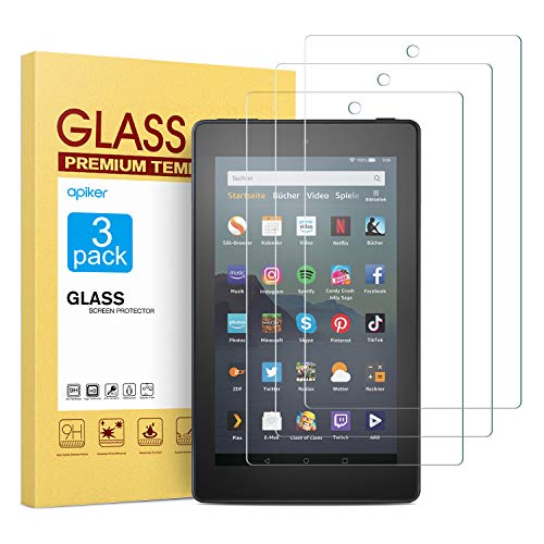 Product Cover [3 Pack] Screen Protector for Fire 7/Fire 7 Kids Edition(9th/7th Gen), apiker High Definition Tempered Glass Screen Protector Fit for All-New Fire 7/Fire 7 Kids Edition