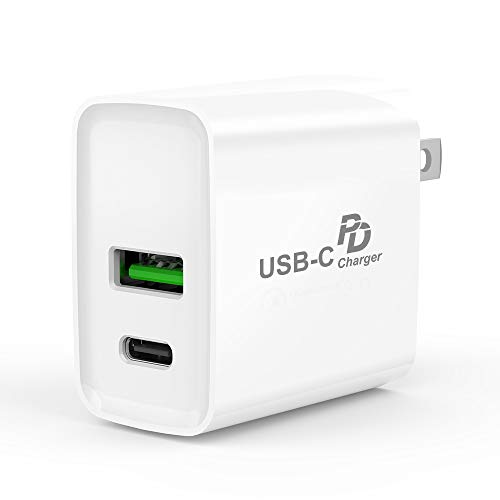 Product Cover USB C Charger,PD + QC 3.0 USB Wall Charger Fast Adapter,Portable Dual Quick Charge 3.0 USB Fast Charging 18W Type C Power Delivery Block,Compatible with iPhone,Galaxy,Huawei,Pixel,iPad Pro More