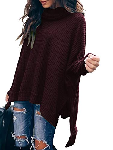 Product Cover MILLCHIC Women Turtleneck Oversized Waffle Knit Batwing Sleeve Loose High Low Hem Side Slit Pullover Sweater Tunic Tops